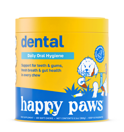Suplemento masticable en envase, diseñado para la higiene dental de perros